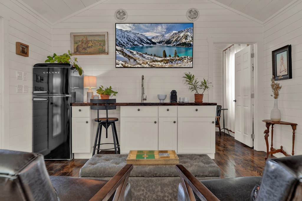 A compact kitchen area features a black refrigerator and a modern sink with a faucet. A coffee maker is set on the countertop beside a small potted plant. Natural light illuminates the room, highlighted by a scenic mountain landscape displayed on the wall above.