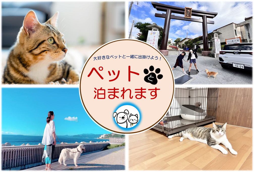 A collage features a relaxed cat, a dog on a beach walk, a friendly woman strolling with a dog, and a cat within a pet-friendly enclosure. An inviting circle highlights the capability to accommodate pets, enhancing the appeal for pet owners.