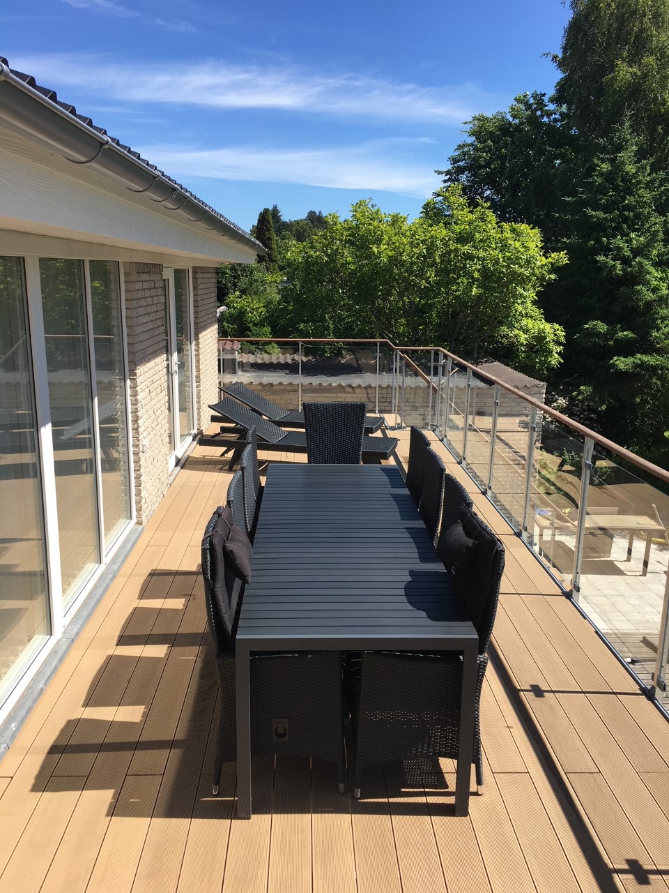 An outdoor terrace is presented, featuring a long dining table surrounded by multiple cushioned chairs. The terrace offers a clear view of greenery, with ample sunlight illuminating the wooden flooring and glass railing.