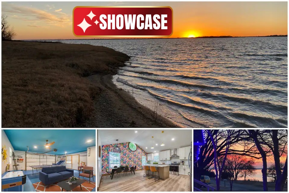 A serene lakeside view captures tranquil waters reflecting a sunset sky, with gentle waves lapping at the shore. The surrounding nature includes grassy areas leading up to the lake, offering a peaceful setting for relaxation and enjoyment.
