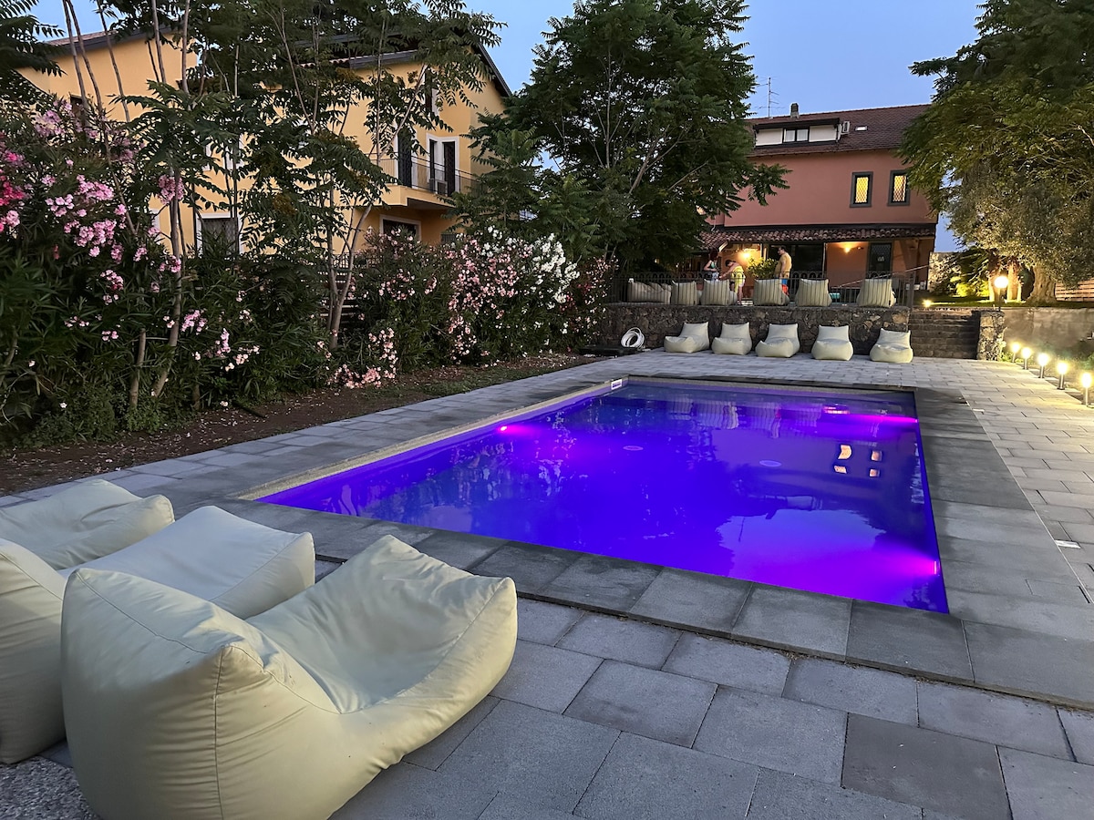 A swimming pool is illuminated with purple lighting, surrounded by comfortable bean bag chairs on a tiled patio. Lush plants and flowering shrubs create a natural border around the pool area, with neighboring buildings visible in the background.