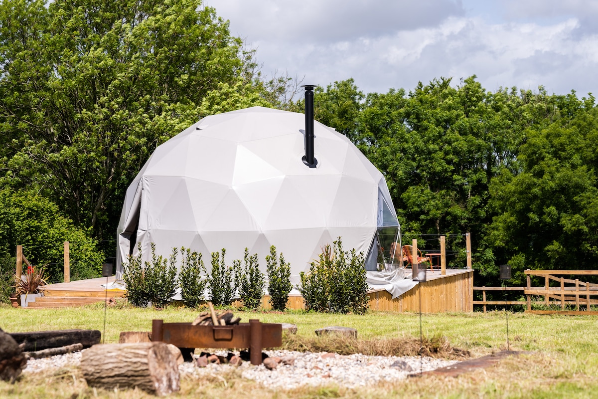 A geodesic dome is set in a grassy field, surrounded by low shrubs and a wooden deck. A chimney extends from the dome’s roof, with trees providing a green backdrop. A fire pit with seating is visible in the foreground, offering an outdoor gathering space.