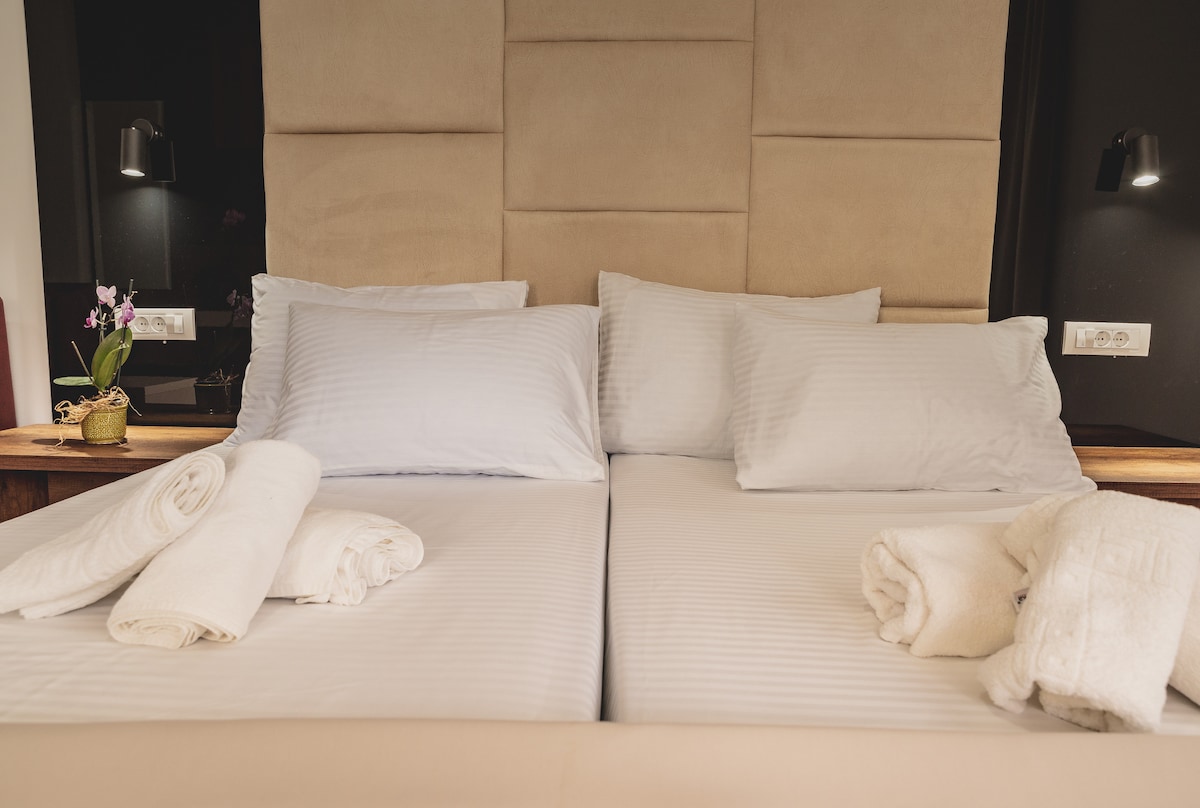 Two spacious beds are arranged side by side, topped with crisp white linens and soft pillows. Rolled towels are neatly placed at the foot of each bed, while a small potted plant adds a touch of greenery to the decor.