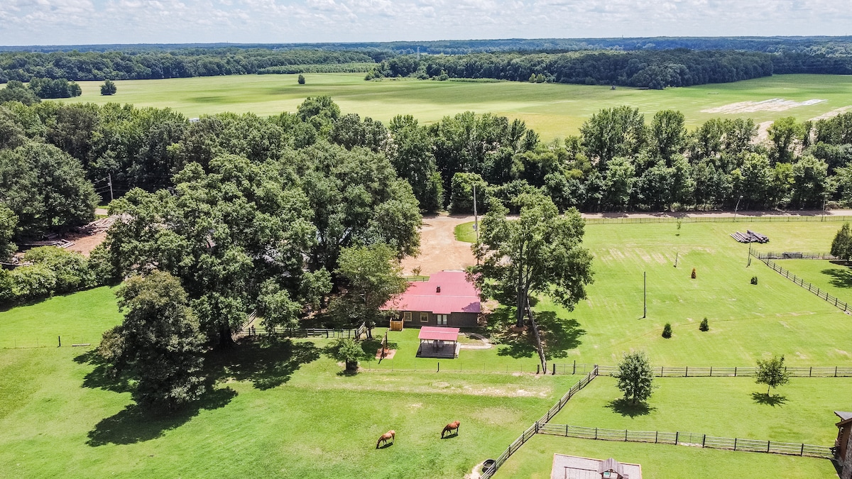 An aerial view captures the farmhouse nestled amid expansive green fields and trees. The property features a red-roofed house with outdoor spaces, horse grazing areas, and clear skies above, illustrating a serene countryside setting.