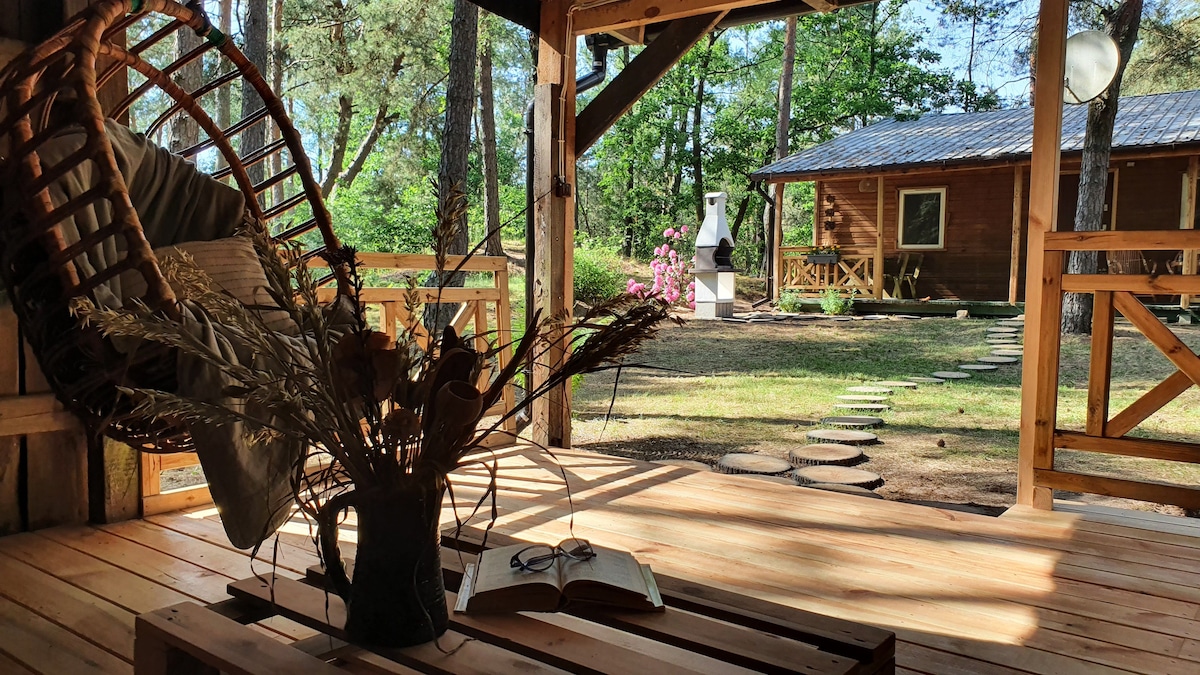A spacious wooden patio features a cozy hanging chair, accompanied by a small table with a book and decorative plants. Beyond the patio, a path of stepping stones leads to a rustic wooden cabin, surrounded by lush greenery.