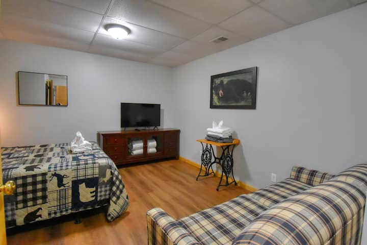 Kochi lenye kitanda cha kuvuta katika chumba cha ngazi ya chini. 