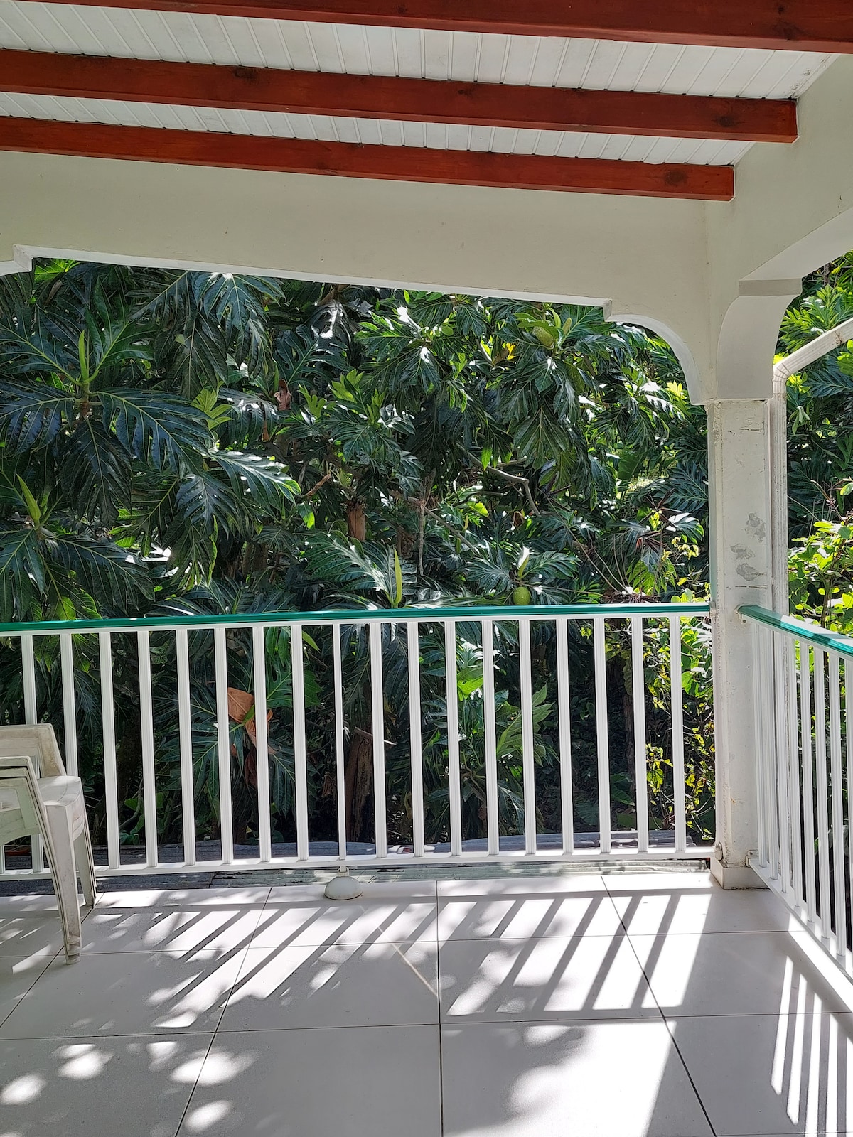A balcony area is observed, featuring white railings and light tile flooring. Lush greenery fills the view, with large leaves creating a natural backdrop. Sunlight casts intricate shadows across the space, suggesting a serene environment for relaxation.