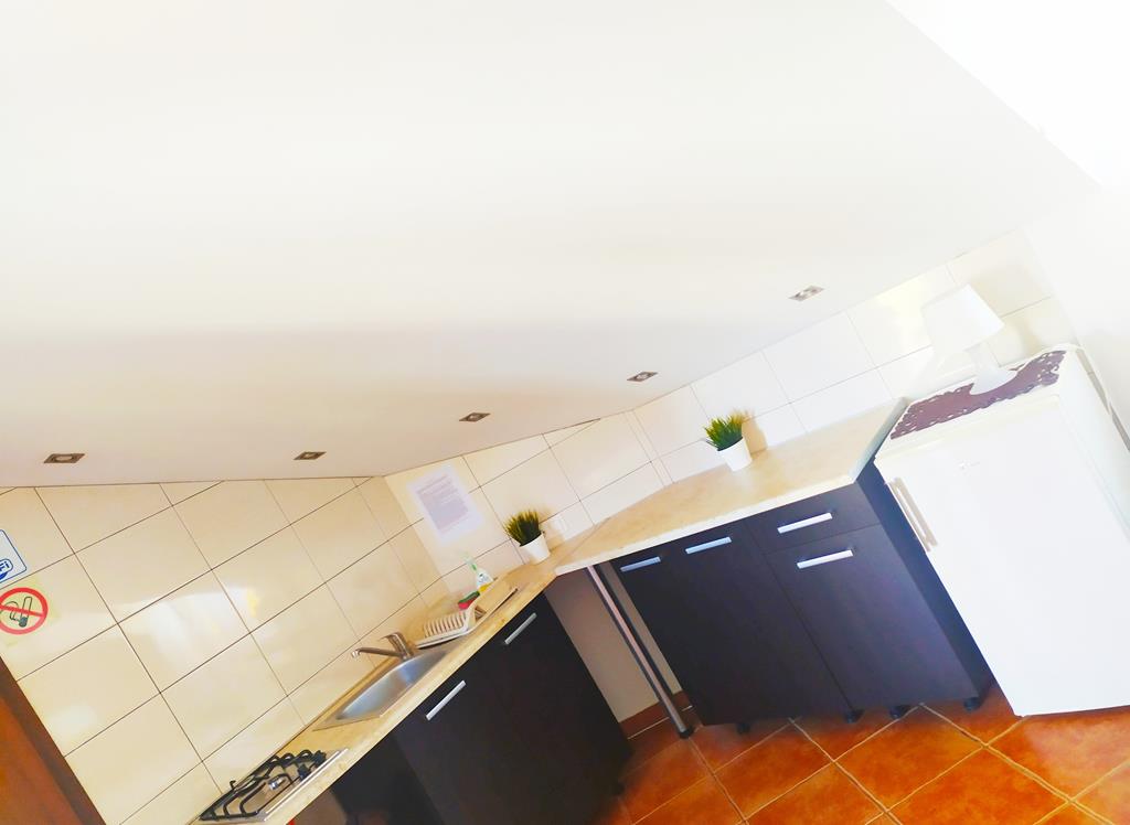 The kitchenette features modern cabinetry with a light-colored countertop. A small sink and a stove are included, along with a refrigerator. Decorative plants are placed on the counter to enhance the clean and functional design, illuminated by recessed lighting.