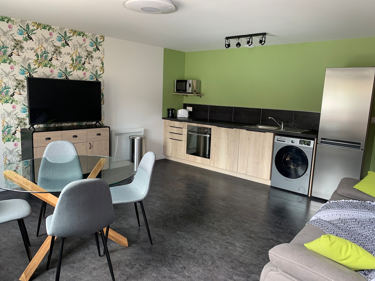 A modern kitchen area is showcased with a combination of light wood cabinetry and dark countertops. Essential appliances, including a washing machine and refrigerator, are included. A glass dining table with four grey chairs is positioned in the foreground, complemented by a comfortable sofa adorned with green cushions.