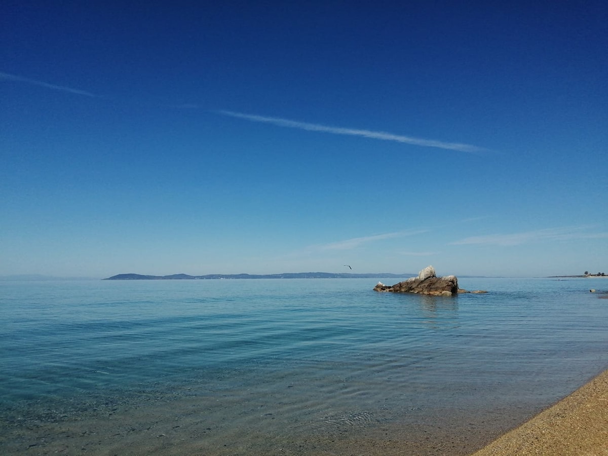 A serene coastline is depicted, featuring calm waters that reflect a clear blue sky. In the foreground, gentle waves lap against a smooth pebbly beach, while a rocky outcrop is seen emerging from the water, enhancing the tranquil setting.