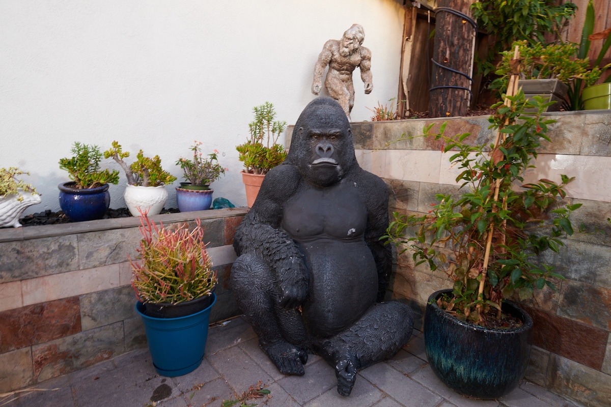 A large gorilla statue sits among an arrangement of various potted plants, creating an engaging focal point in a garden setting. Surrounding greenery includes both tall and short plants, adding texture and depth to the outdoor space.