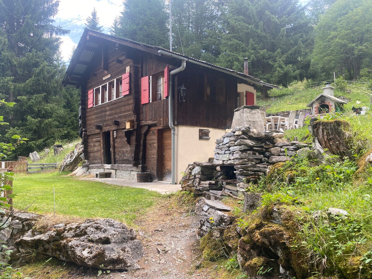 A rustic wooden structure is nestled among greenery, featuring red shutters and a charming stone exterior. The entrance is framed by a small path that leads to a grassy area. An outdoor seating arrangement with white chairs is visible further in the background.