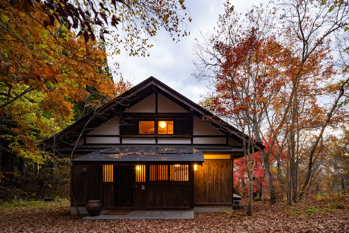 The exterior of a modern villa features a traditional wooden facade set amidst colorful autumn foliage. Large windows illuminate the interior, while a welcoming entrance is framed by stepping stones and organic landscaping. The structure showcases a harmonious blend of nature and architecture.