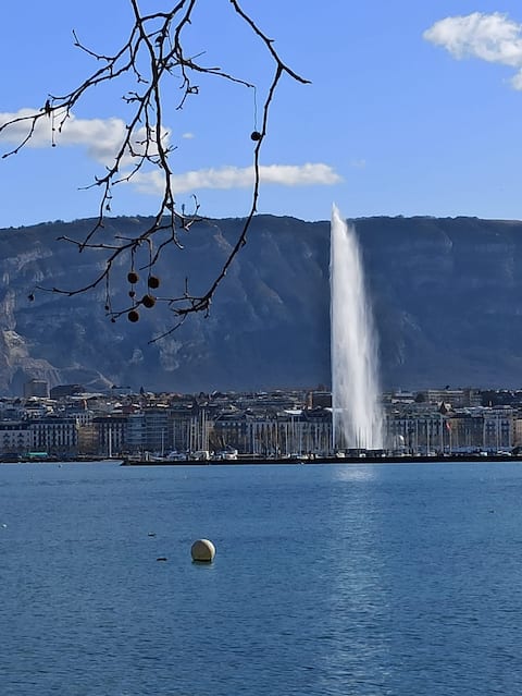 Village house between lake and mountain.