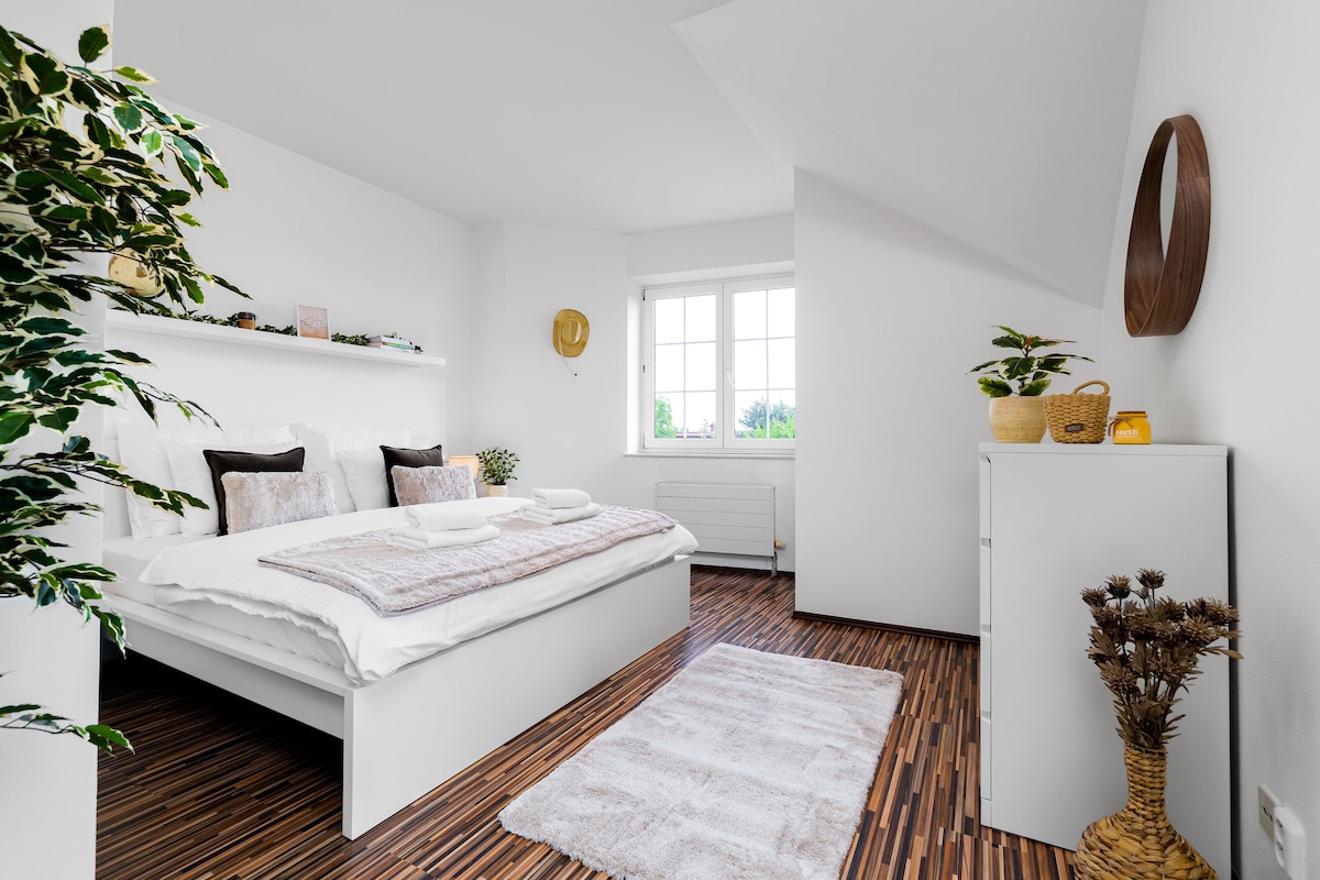 A spacious bedroom featuring a large bed adorned with coordinated linens and soft pillows. Shelving units are integrated into the design, decorated with plants and personal items. Natural light streams in through a large window, illuminating the subtle textures of the flooring.