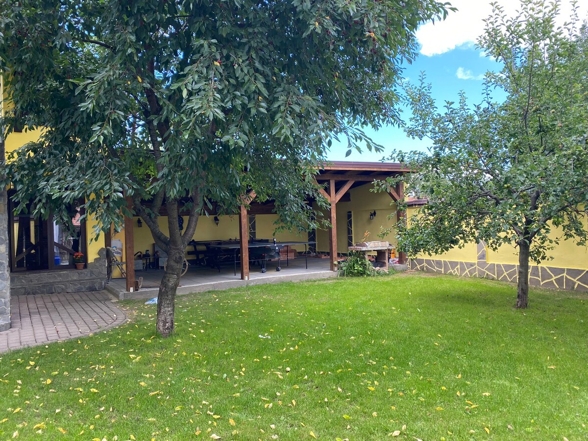 A spacious outdoor area is visible, featuring a well-maintained green lawn bordered by trees. A covered seating area is seen, providing shade, with hints of outdoor furniture and a barbecue grill. The yellow exterior of the building creates a bright contrast against the natural surroundings.