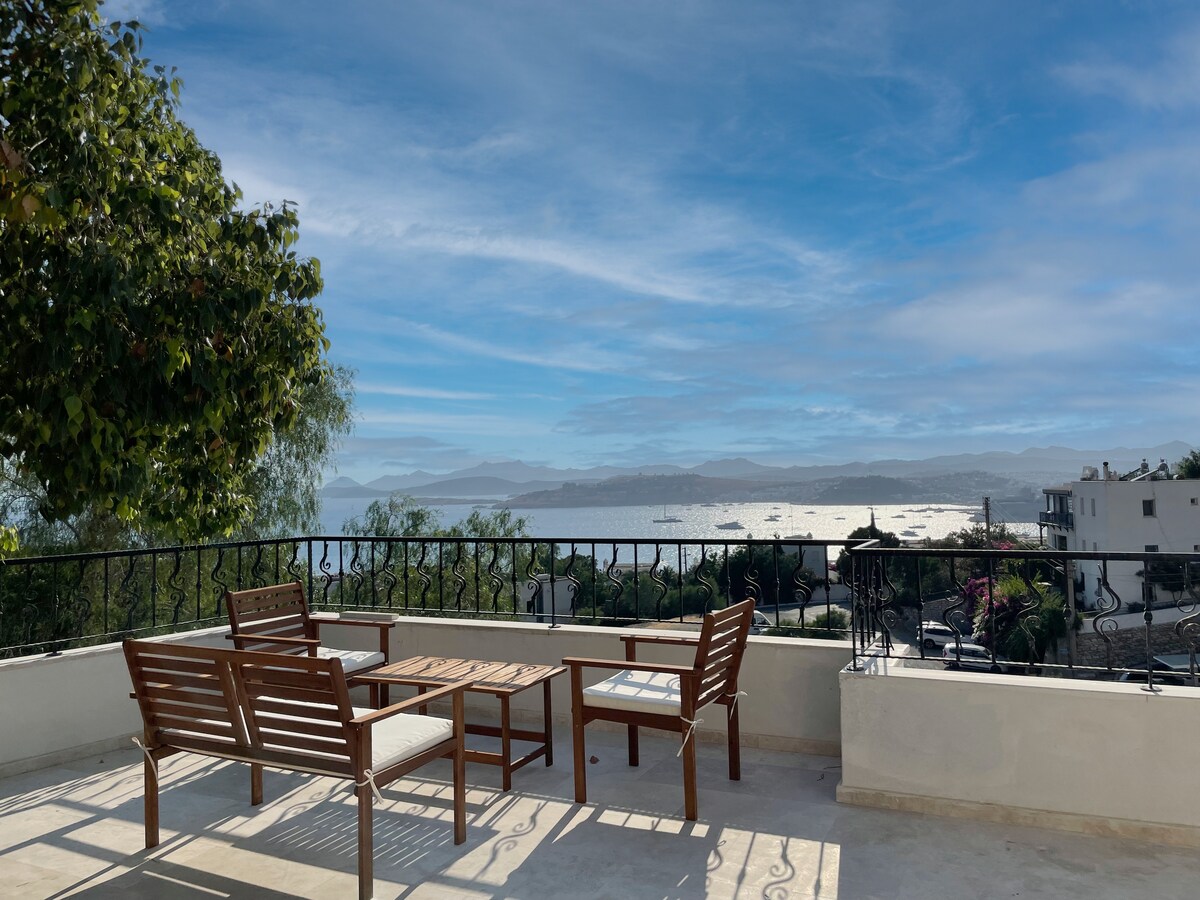 A terrace area is presented with wooden furniture, including a table and chairs, offering a panoramic view of the sea and distant mountains. The tranquil sky features varying shades of blue, while the landscape showcases lush greenery and residential buildings.