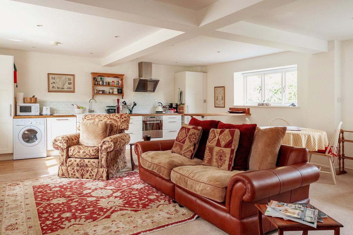 The open-plan living area features a cozy sofa adorned with patterned cushions, paired with an armchair. A dining table is set nearby, and the fully equipped kitchen includes a washing machine and modern appliances. Natural light filters in through the window, enhancing the warm atmosphere.