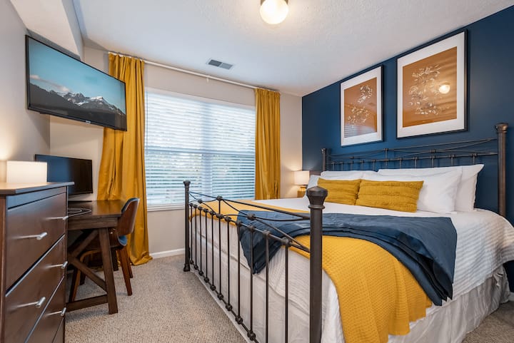 Bedroom 2 - King Size Bed with a cloud-like memory mattress. With a 43" Roku TV enjoy your favorite streaming platforms.