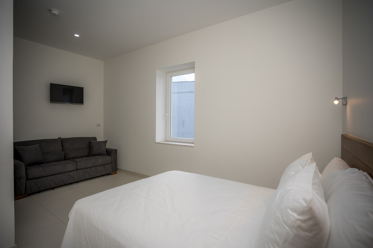 A minimalist bedroom is presented, featuring a spacious bed with white bedding and a light-colored wall. A compact sofa is positioned nearby, and a flat-screen TV is mounted on the wall opposite. Natural light enters through a small window.