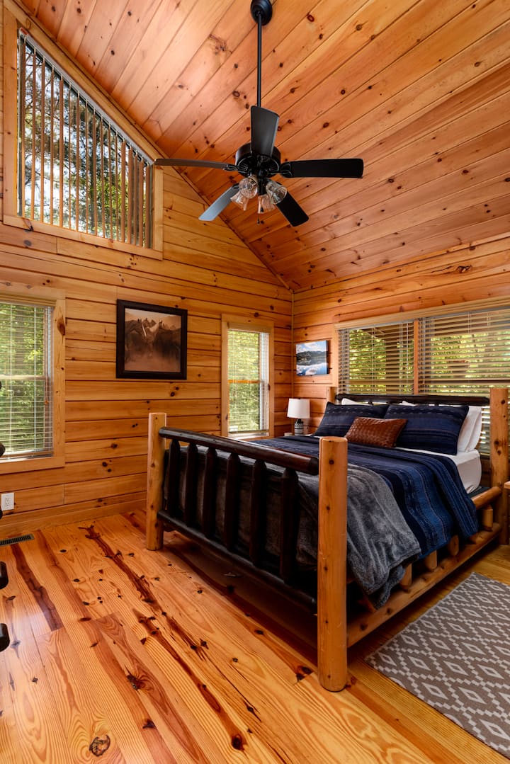 The master bedroom- Frye bedding on a queen sized bed.