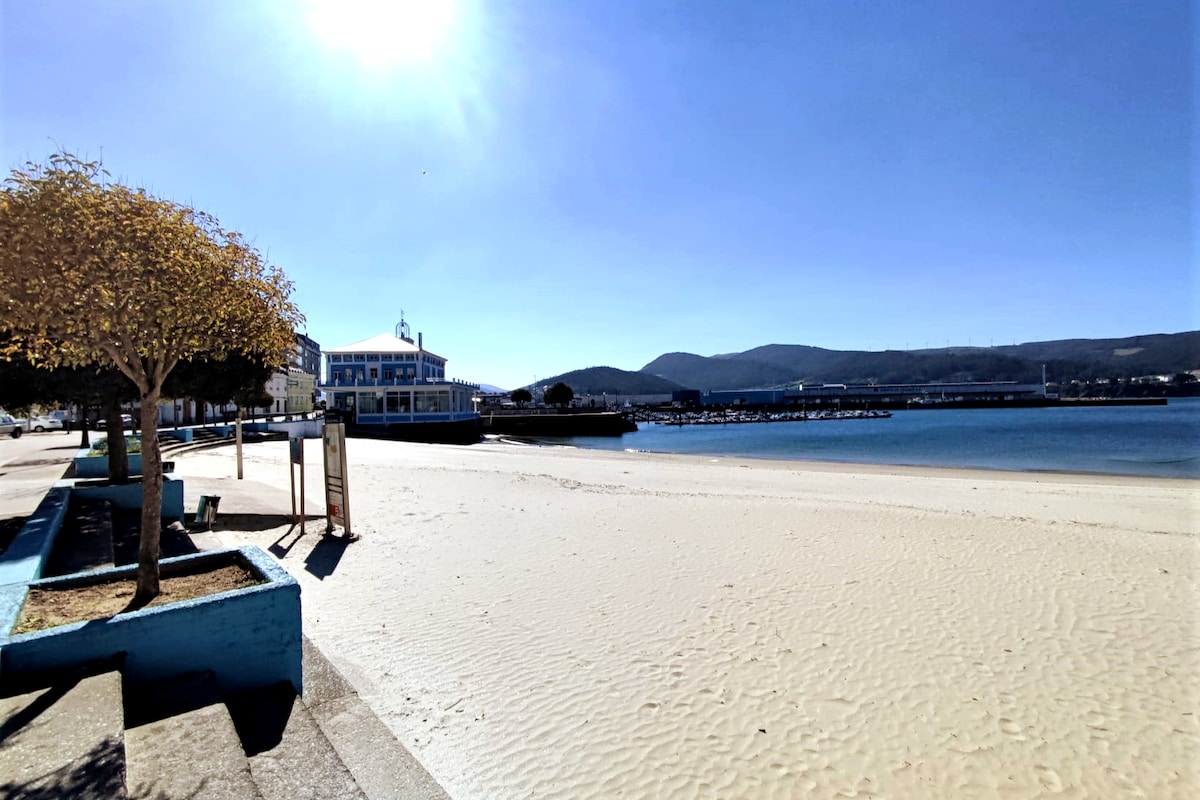The image depicts a sunlit beach area with fine sand stretching along the waterfront. A calm body of water serves as a backdrop, with distant mountains visible under a clear blue sky. A tree with sparse foliage is present, alongside painted blue benches.