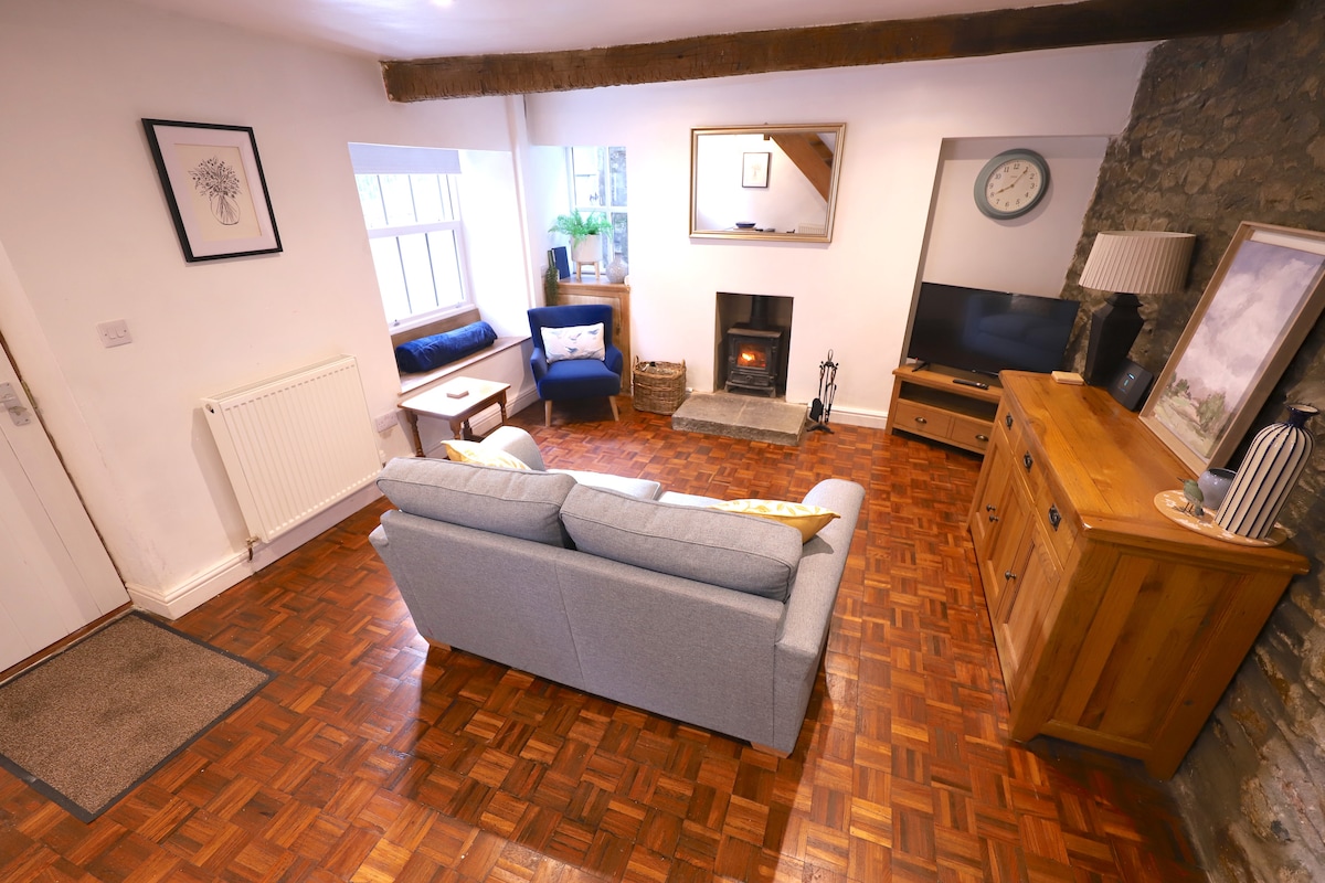 A living area features a comfortable seating arrangement, highlighted by a hardwood floor and a wood burning stove. A television and wooden furniture complement the space, along with a large mirror and decorative wall art. Natural light is allowed through the windows.