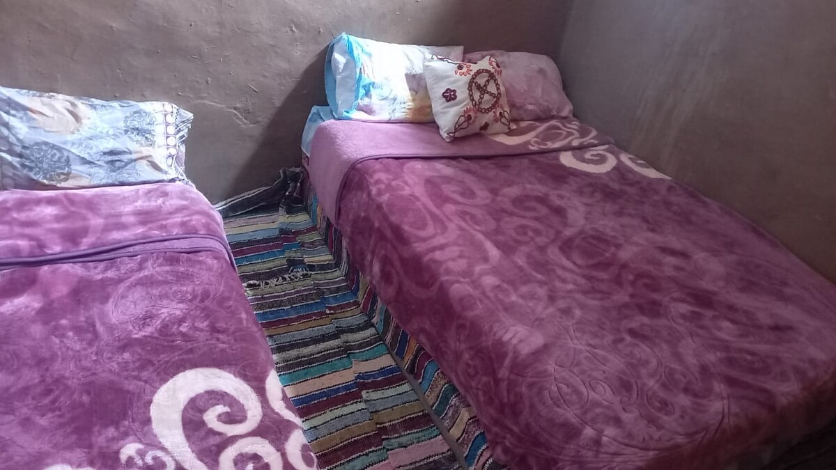 Two spacious beds are arranged side by side, each layered with soft, purple blankets. Decorative pillows add color, while a textured, multi-colored rug extends across the floor, providing warmth and comfort to the sleeping area.