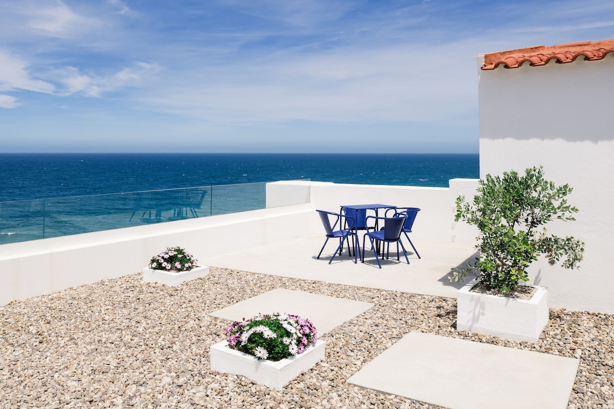 A private terrace is shown with a modern outdoor seating set, featuring a round table and four blue chairs. White planters with pink flowers are positioned along the edge, while light gravel covers the ground. The view extends over the ocean, contributing to a serene outdoor experience.
