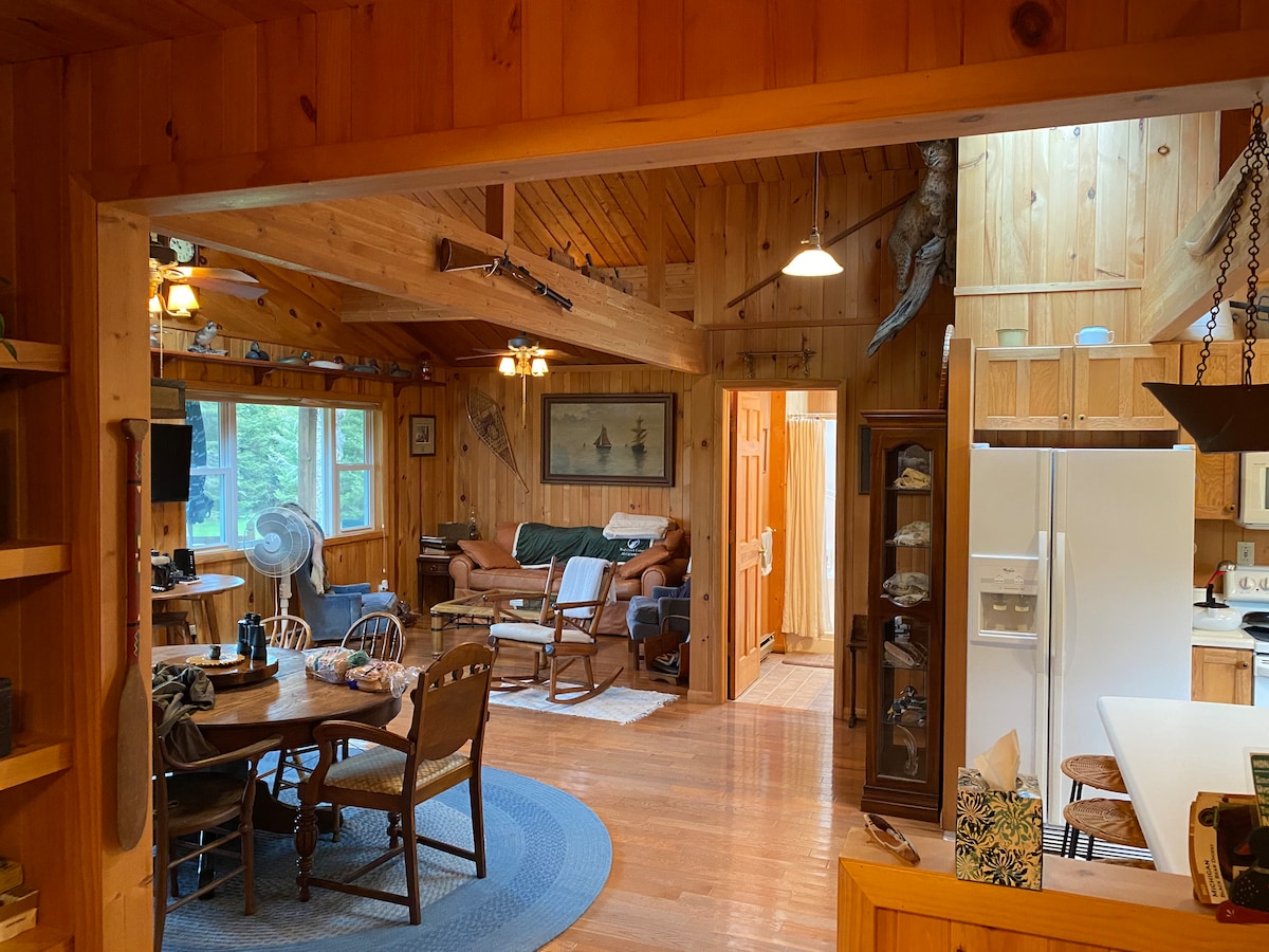 A spacious open floor plan reveals a cozy living area with a green sofa and a wooden rocking chair. A circular dining table with seating for four is positioned near the large windows, which allow natural light to illuminate the warm wooden interiors.