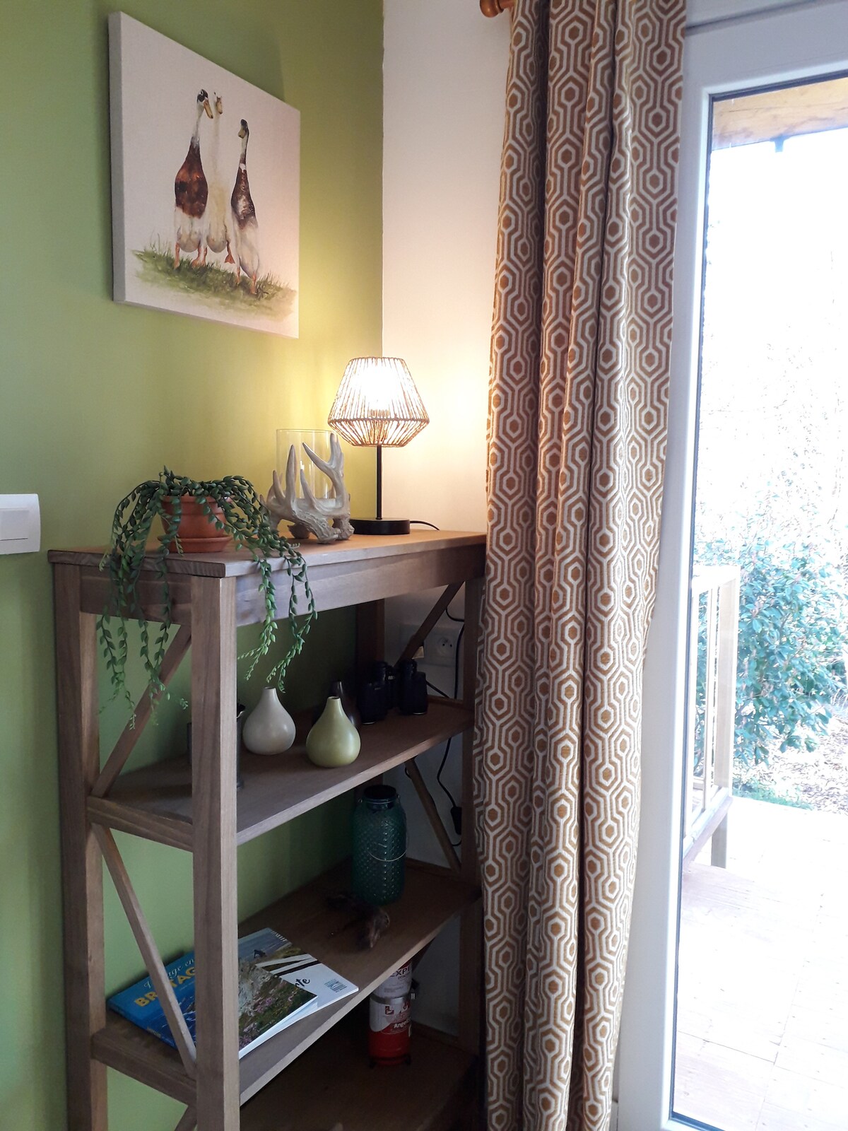 A wooden shelf is positioned against a green wall, displaying decorative items and plants. A lamp illuminates the space, while patterned curtains frame a doorway leading to an outdoor area. A painting of two ducks is hung above the shelf.