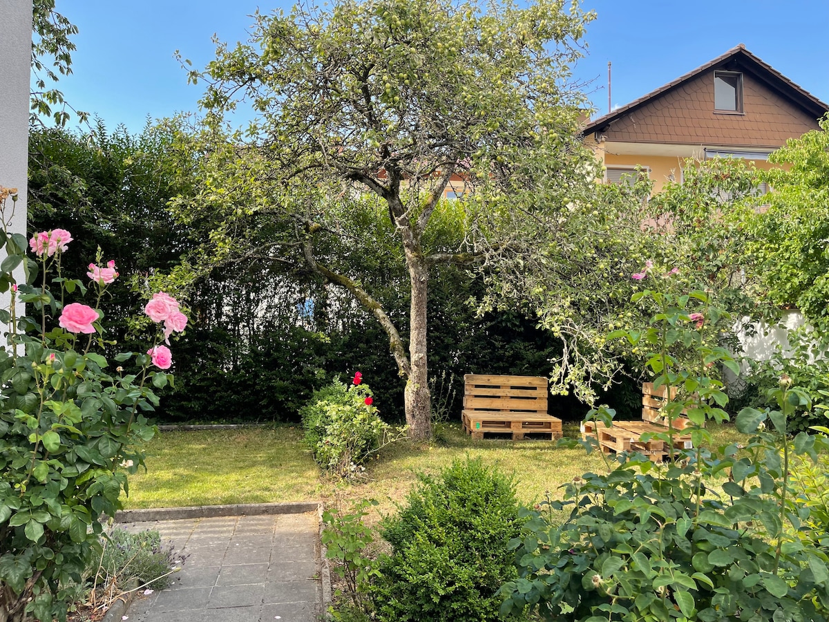 A green garden space features a large tree surrounded by shrubs and blooming rose bushes. Wooden seating arrangements are positioned on the grass, inviting relaxation in a serene outdoor setting. The clear blue sky completes the tranquil atmosphere.