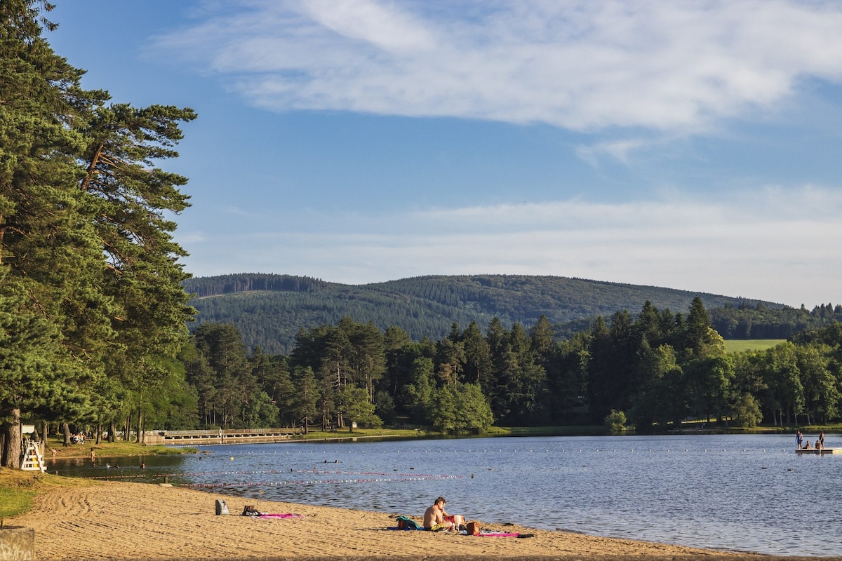 A sandy beach borders a calm lake, surrounded by lush green trees and rolling hills in the background. Sunbathers are relaxed on colorful towels, enjoying the scenery. The water is clear, reflecting the blue sky with wispy clouds, creating a serene outdoor environment.
