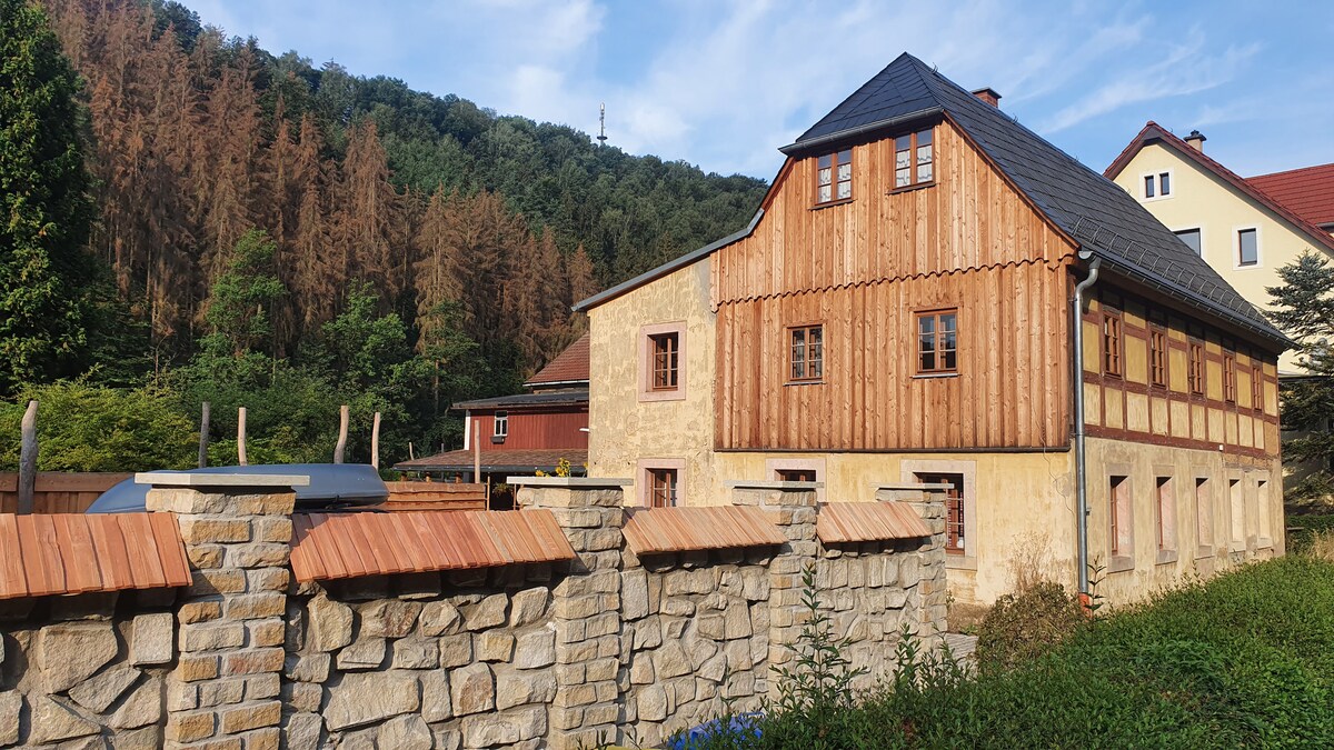 The exterior of a well-maintained half-timbered house is depicted, showcasing its natural wooden elements against a backdrop of lush greenery. A sturdy stone wall is seen in the foreground, offering a sense of privacy and separation from the surrounding landscape.