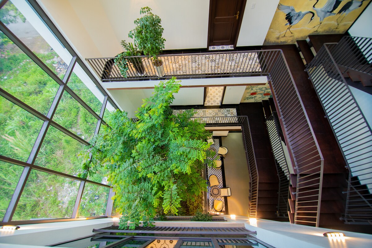 An aerial view of the interior atrium features a lush green tree surrounding a well-lit seating area. Large glass panels provide a clear view of the surrounding greenery, while the black railings of the staircase create a modern contrast against the natural elements.
