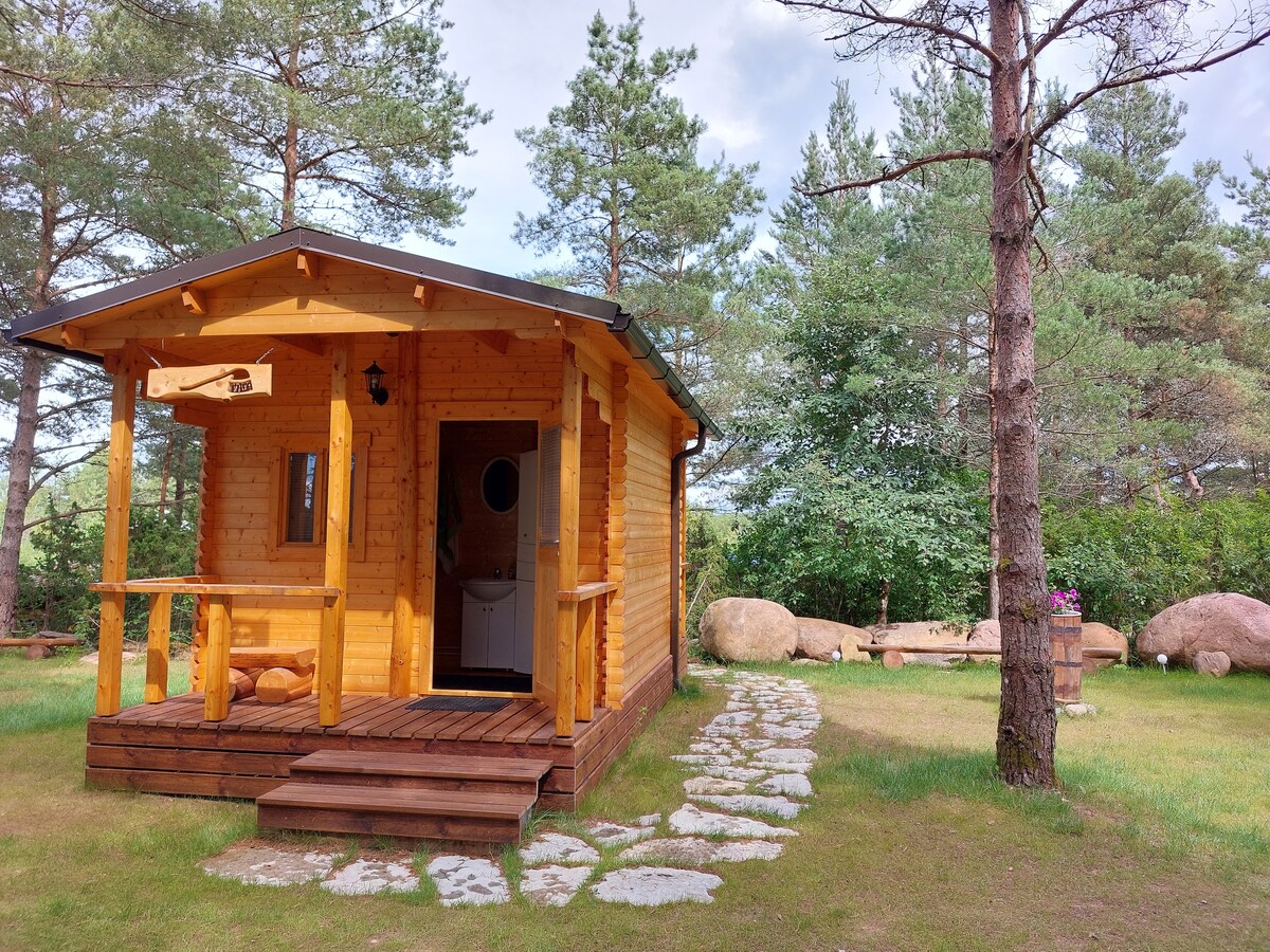 A charming wooden cabin is framed by tall trees and a grassy area. A stone pathway leads to the porch, which features a welcoming entrance and a circular window. Lush greenery and large stones add to the natural setting around the cabin.