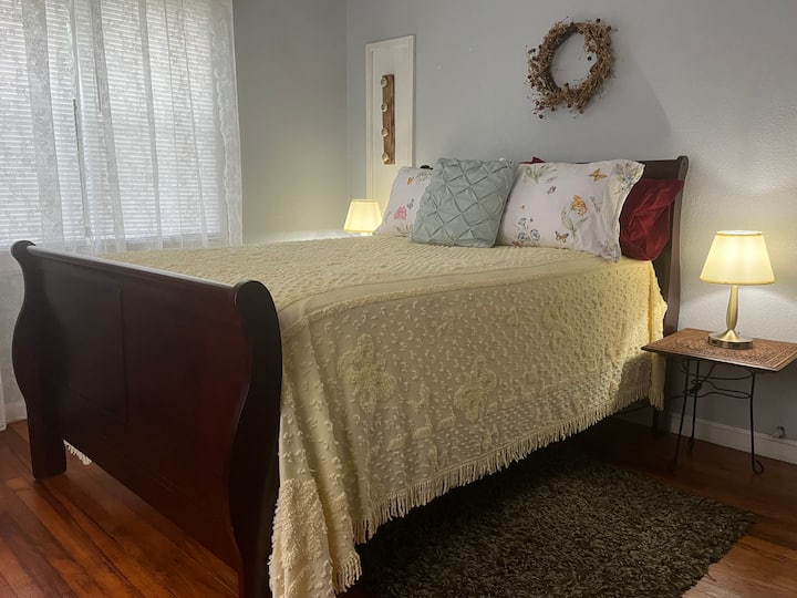 Comfortable full size bed with pillowtop mattress and protector.  