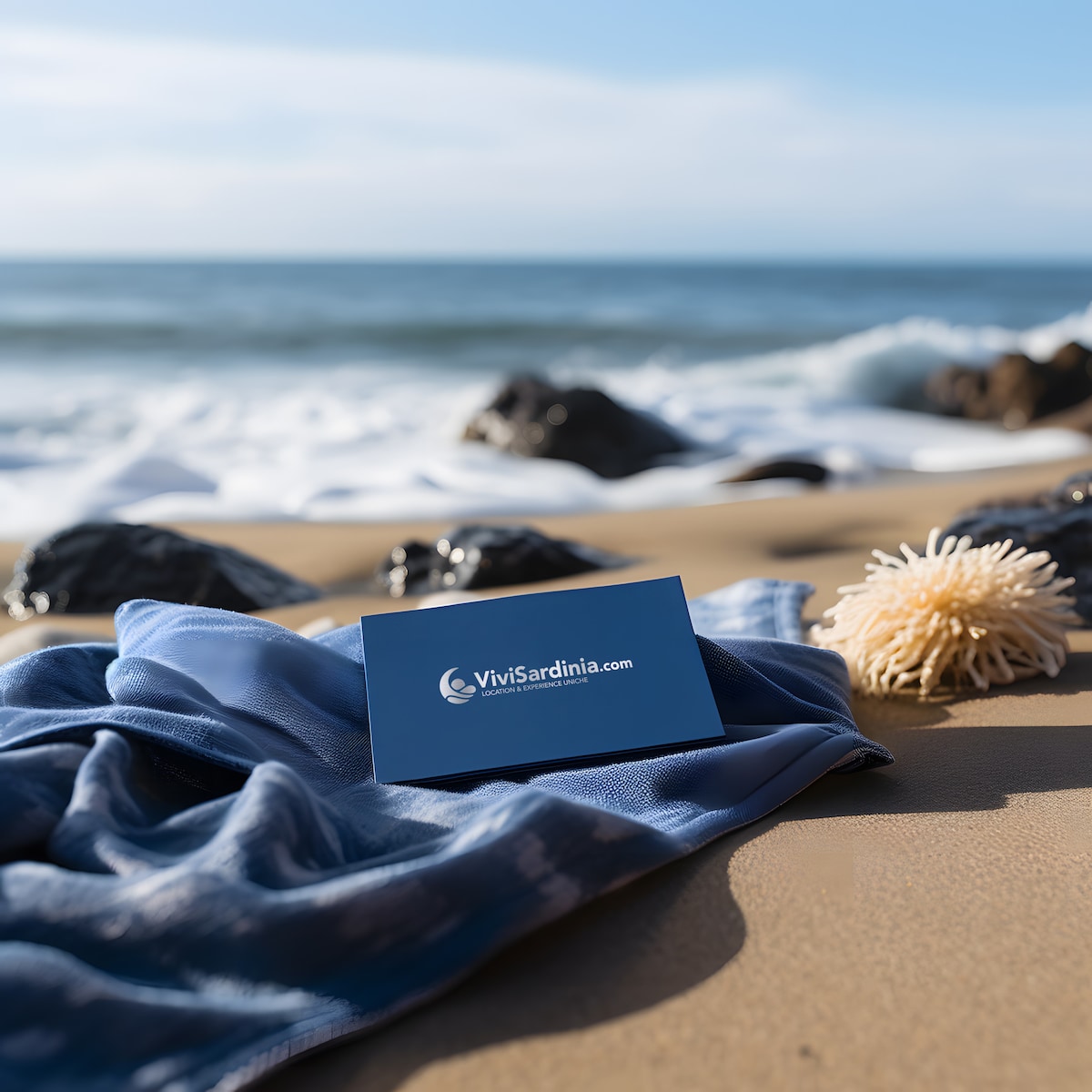 A sandy beach scene shows gently crashing waves and sunlit rocks. A blue card with the website 'ViviSardinia.com' rests on a light fabric, accompanied by a seashell, presenting a serene coastal atmosphere.