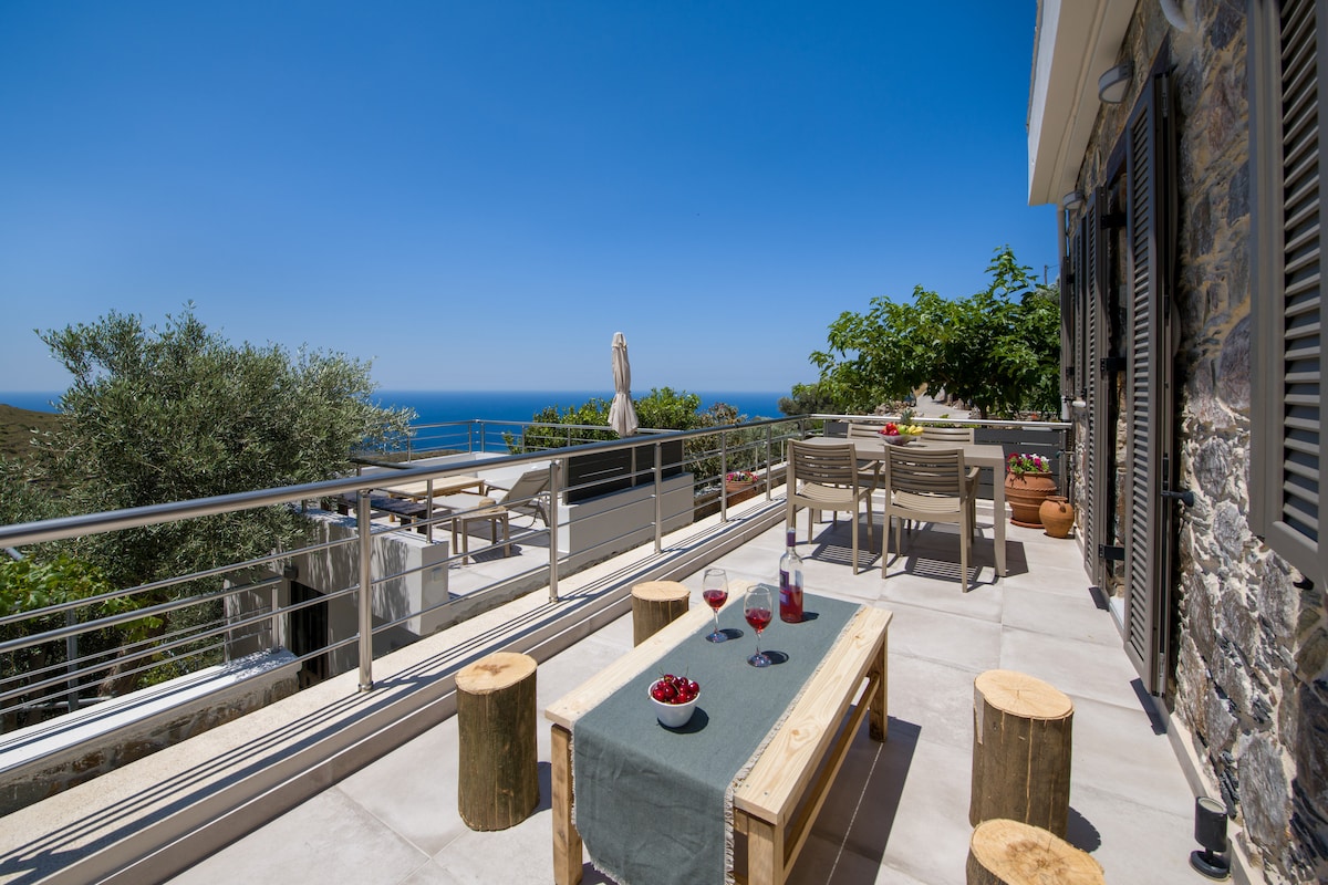 A spacious terrace features a wooden table set with drinks and fresh fruit, surrounded by modern seating. Views of the blue sea and greenery are visible in the background, lending a serene outdoor ambiance.