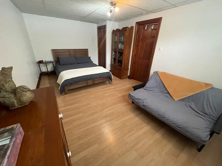 The large basement bedroom: 1 queen size bed and 1 double futon