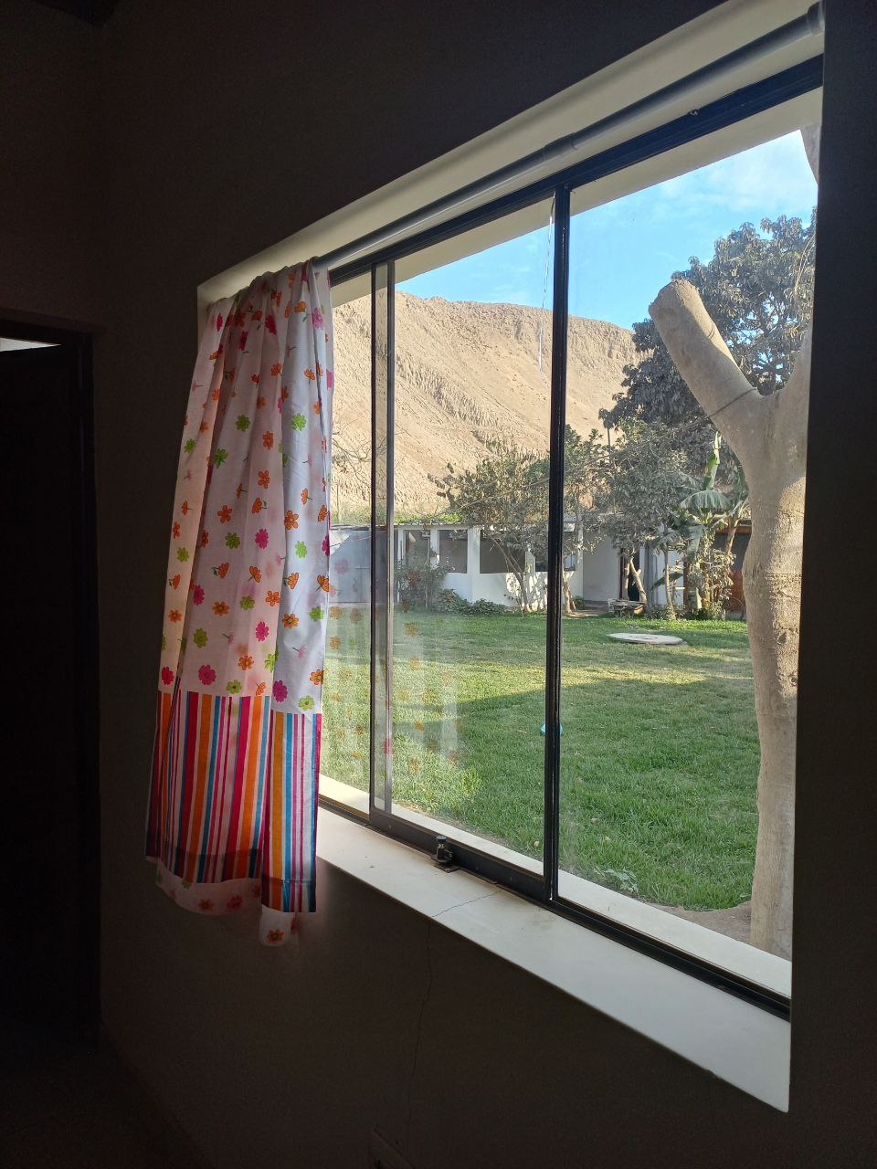 A window adorned with colorful curtains offers a view of a grassy yard, framed by trees and surrounding mountains. Natural light pours into the space, emphasizing the tranquility of the environment.