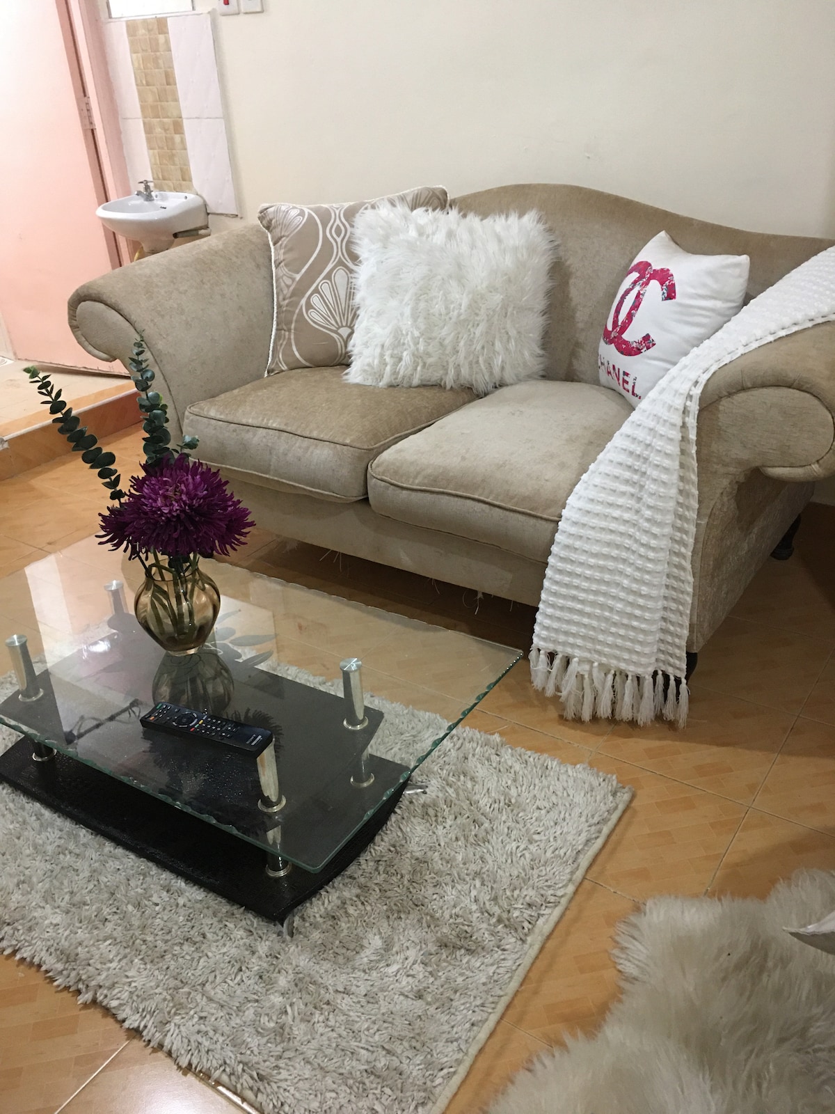 A cozy sitting area is presented with a beige sofa adorned with decorative cushions and a soft throw blanket. A glass coffee table sits on a plush rug, complemented by a vase of flowers and a remote control for entertainment options.