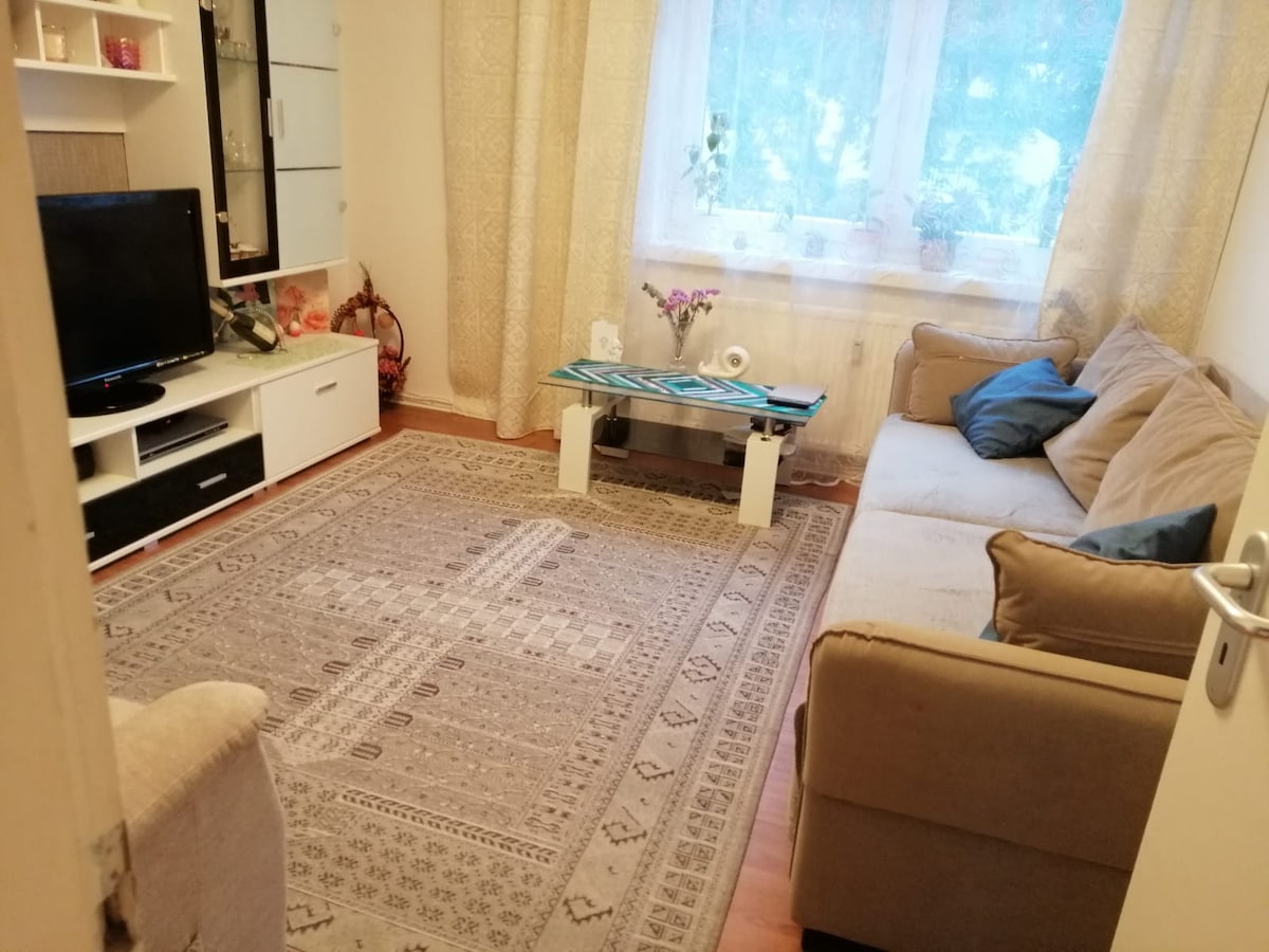 A living room is showcased with a light-colored sofa, an area rug, and a television on a white stand. Natural light enters through a large window adorned with sheer curtains, and a small table with decorative items adds a personal touch.