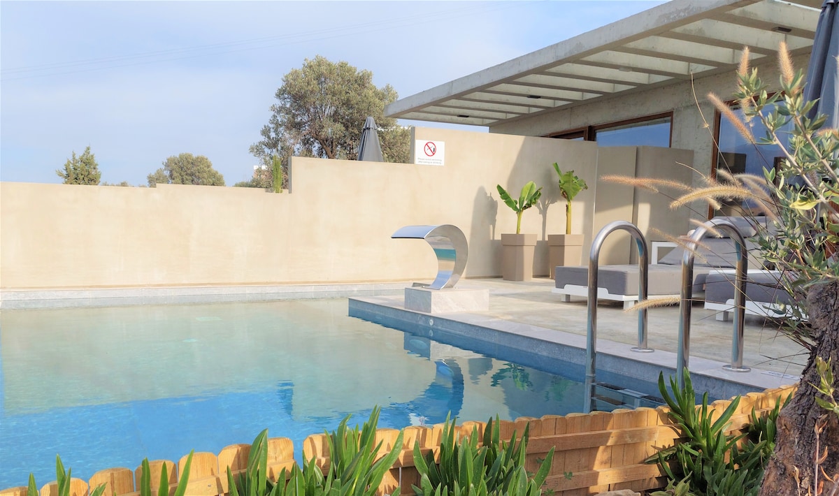 A private swimming pool is featured, with hydromassage jets visible along one side. Modern lounge chairs are arranged near the pool, surrounded by lush greenery and plants. The villa's minimalist design is characterized by smooth concrete walls and a spacious outdoor area bathed in natural light.