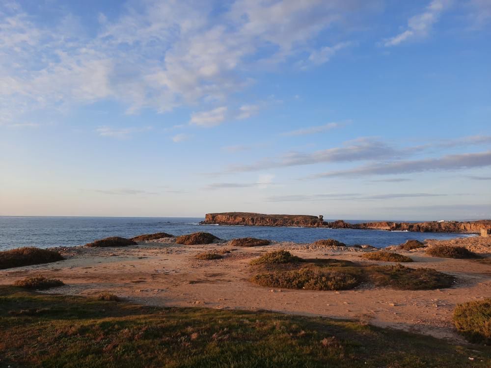 A serene coastal landscape showcases smooth sandy terrain dotted with low greenery. The gentle waves of the ocean meet the horizon under a clear sky with scattered clouds, creating a peaceful atmosphere. A rocky outcrop is visible in the distance, adding depth to the seascape.