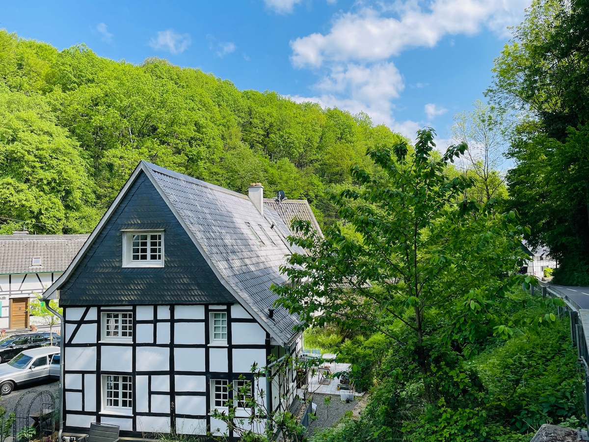 A charming half-timbered house is framed by lush greenery and rolling hills, showcasing a blend of traditional and modern architecture. The property is surrounded by trees, with a clear blue sky above, providing a serene atmosphere.