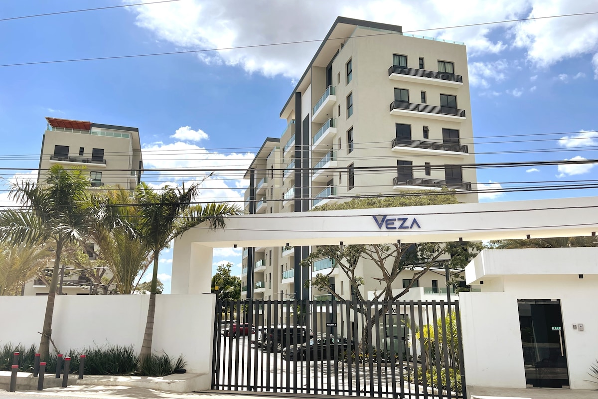 The modern Veza building is presented with a welcoming entrance. The gated entry features contemporary architecture, with multiple stories visible. Lush palm trees frame the view, while the bright sky adds to the inviting atmosphere of the neighborhood.