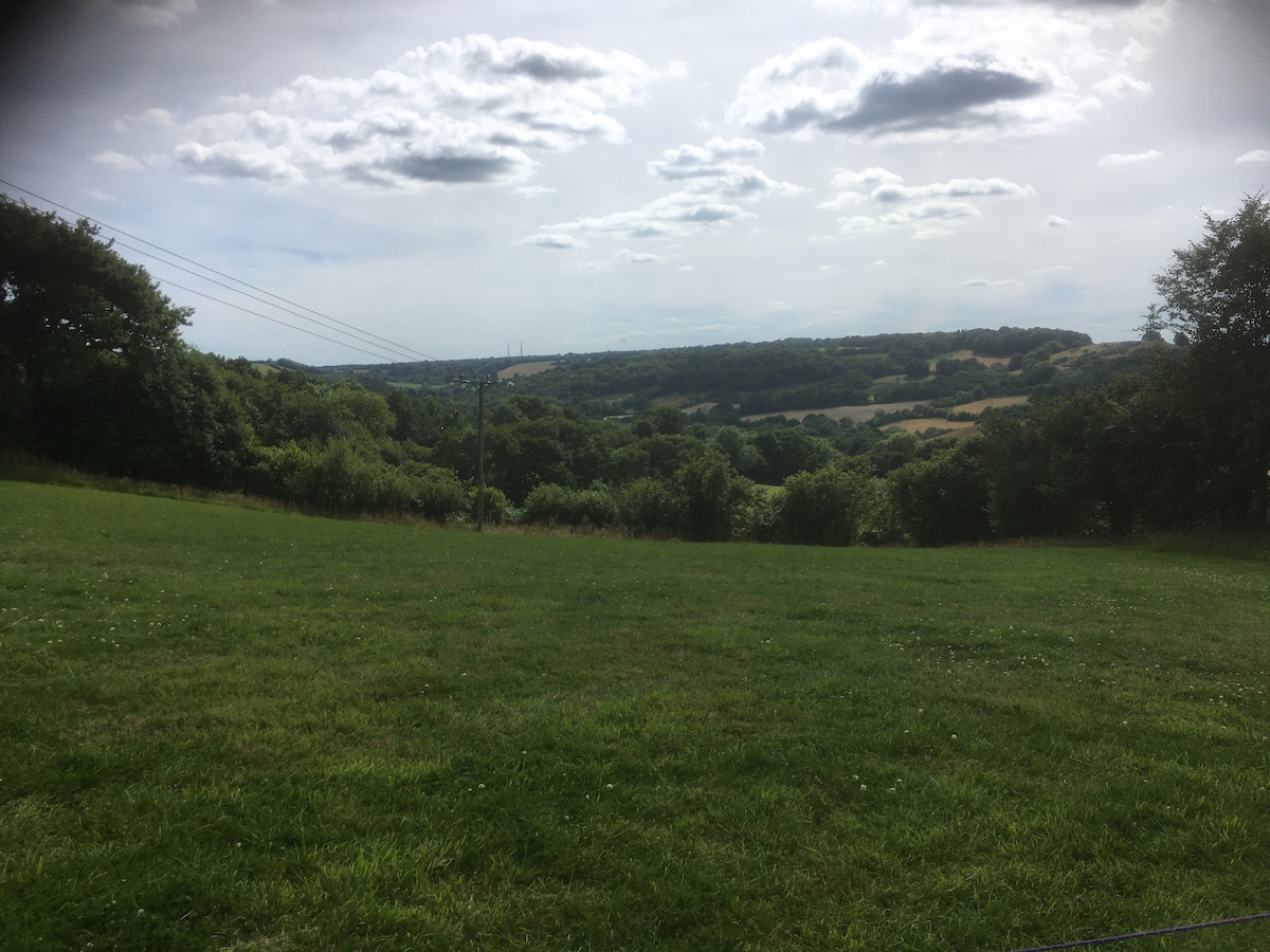 A wide-open grassy field is visible, showcasing rolling hills in the distance under a partly cloudy sky. The lush green landscape is bordered by trees and shrubs, offering a sense of tranquility and connection to nature.