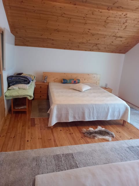 Chalet room with open living area and fireplace