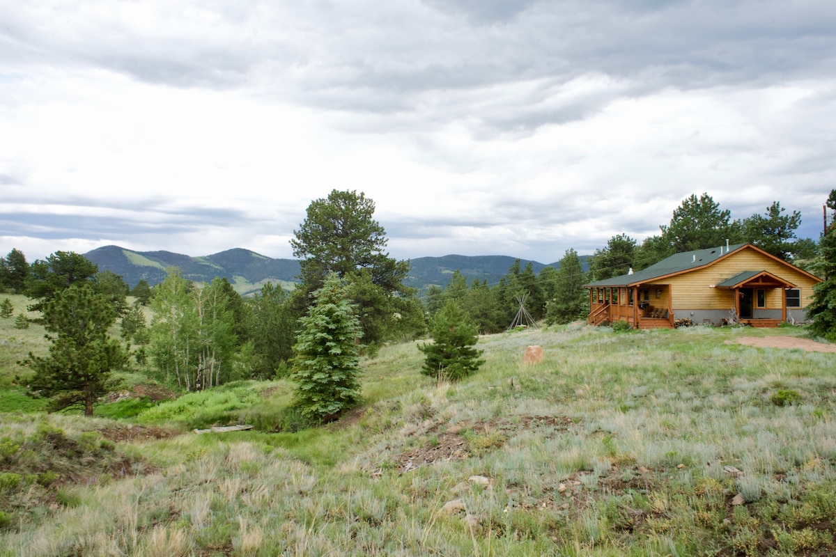 The cabin is nestled in a lush green landscape, surrounded by tall trees and rolling hills. The distant mountains provide a scenic backdrop under a cloudy sky, creating a serene and inviting atmosphere for outdoor enjoyment.